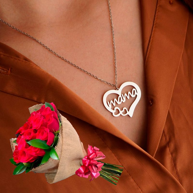 Cadena Corazón Mamá Plateado + Ramillete - Imagen 2